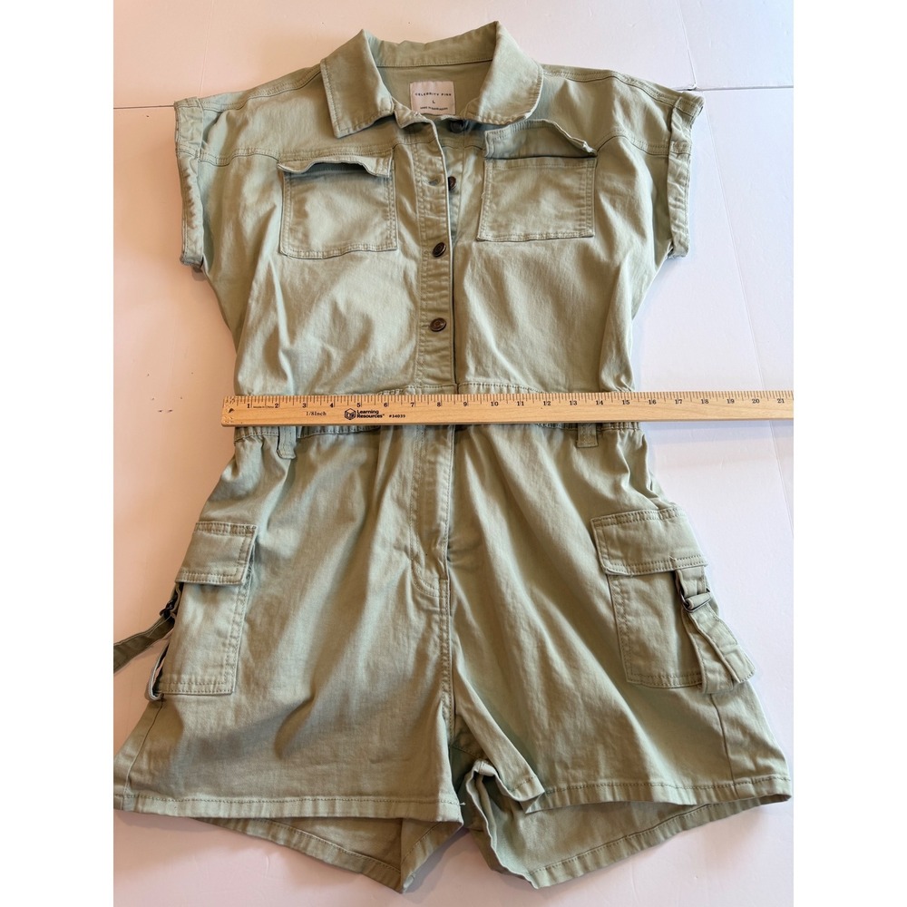 Celebrity Pink Sage Green Utility Cargo Romper Womens Large Button Front - Picture 3 of 6